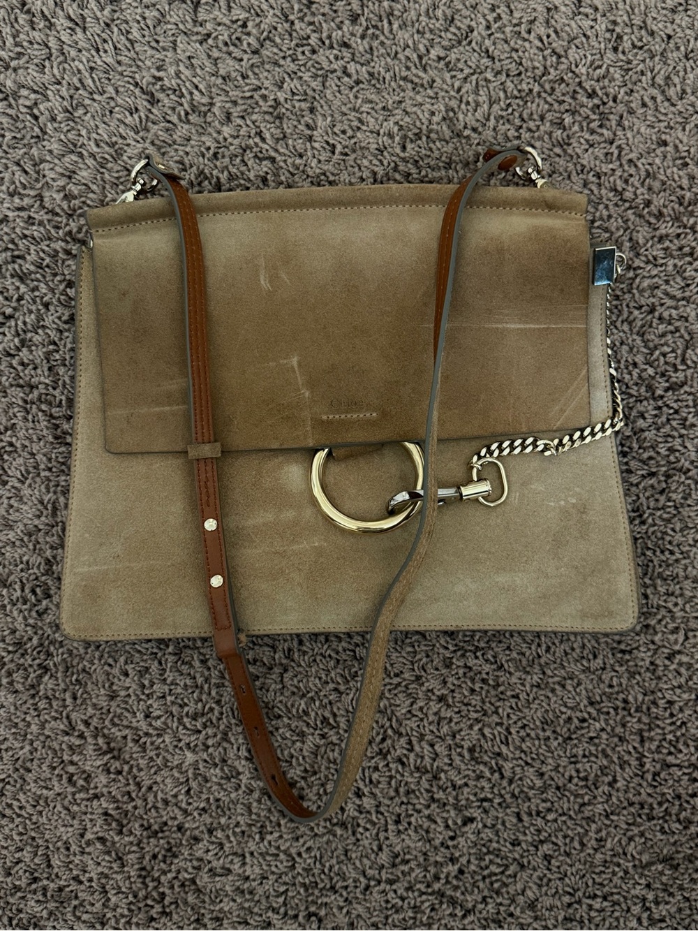 Chloé Taupe Suede Faye Bag with Brown Leather Strap and Gold Hardware